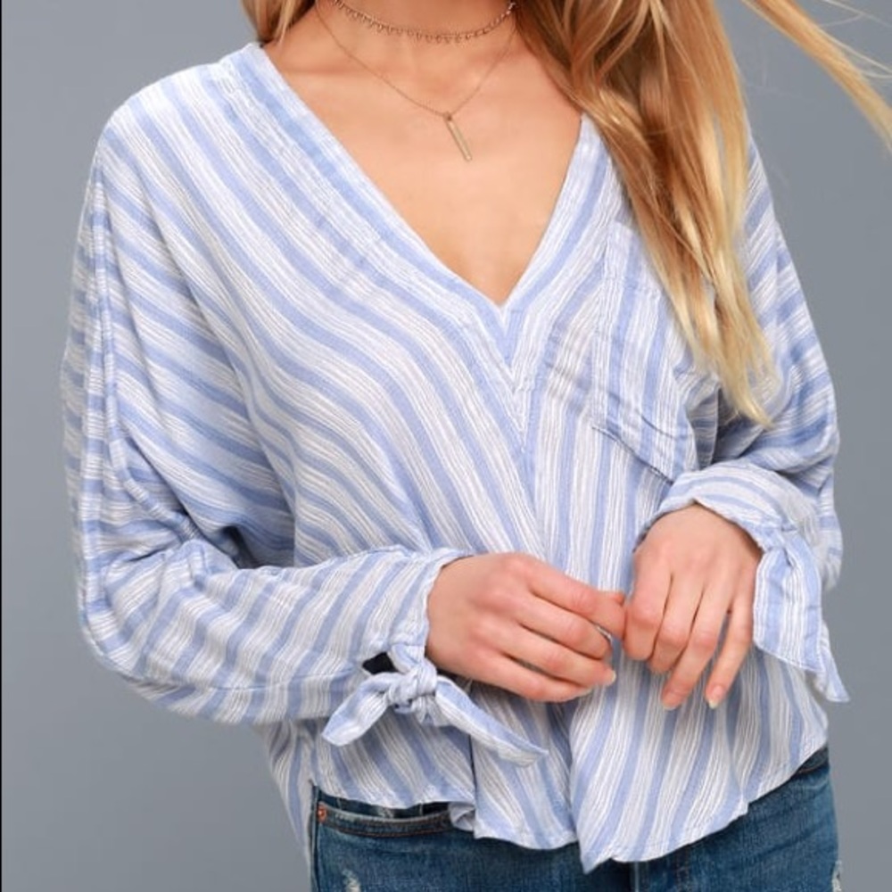Free People cropped pale blue & white shirt